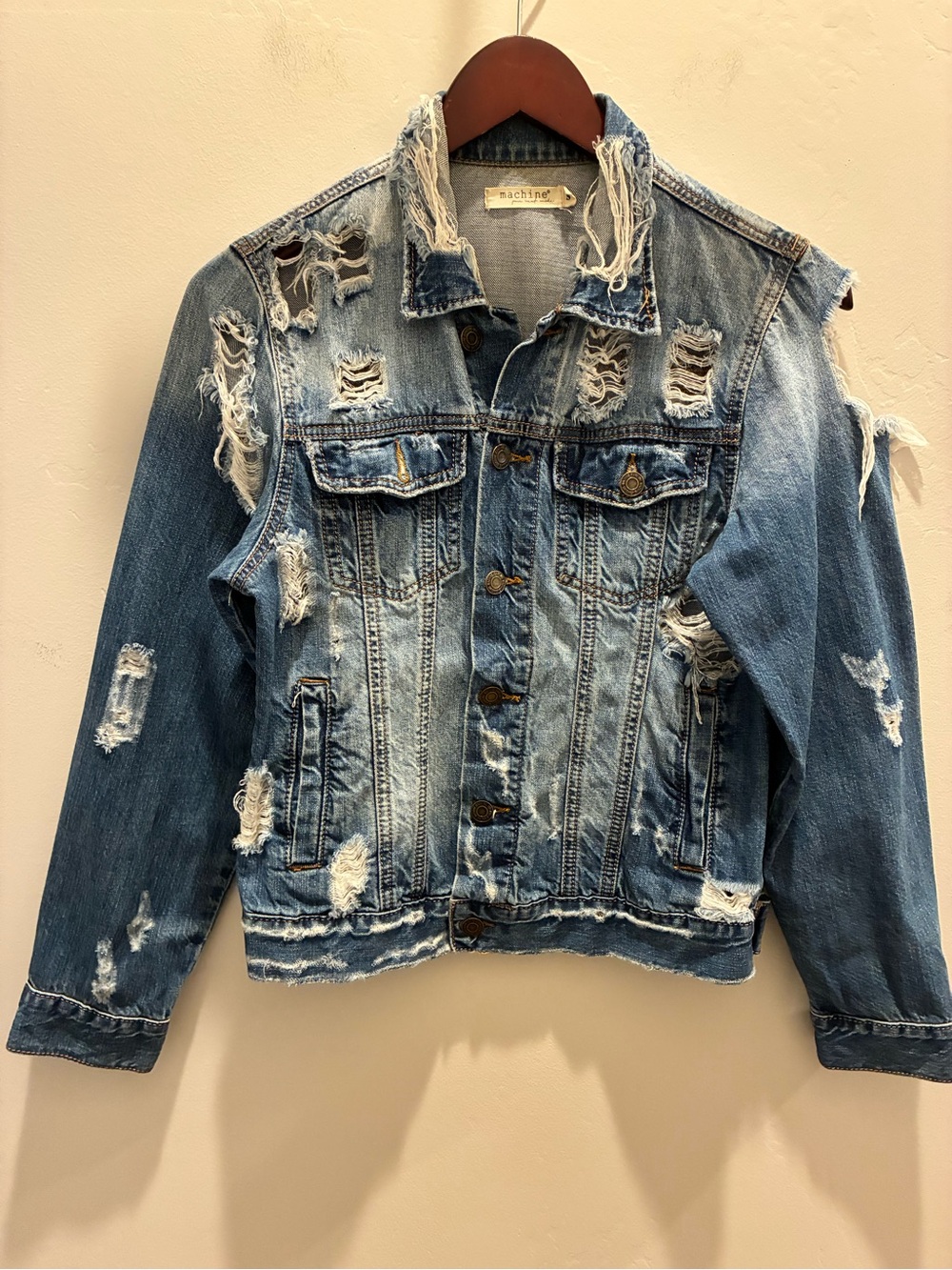Vintage Y2K Thrashed Distressed Denim Light Blue Denim Jacket Size S